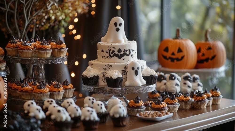 A festive dessert table showcases an array of Halloween treats, including ghost-shaped cupcakes and a decorated cake, surrounded by carved pumpkins, creating a spooky yet inviting atmosphere. A festive dessert table showcases an array of Halloween treats, including ghost-shaped cupcakes and a decorated cake, surrounded by carved pumpkins, creating a spooky yet inviting atmosphere.