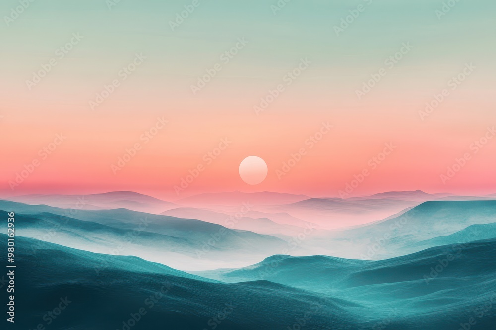 Fototapeta premium Misty Mountains at Sunset with a Pale Sun