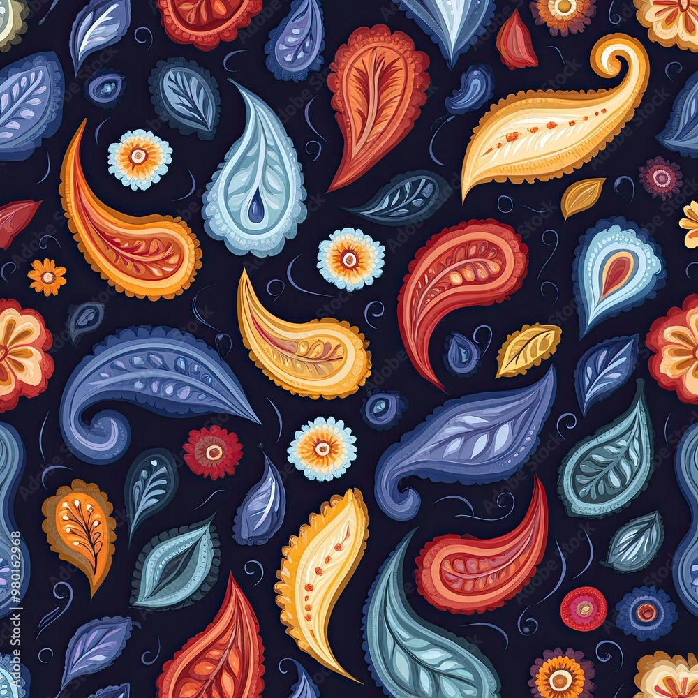 Naklejka premium Colorful paisley pattern featuring vibrant leaves and floral elements on a dark background, perfect for textiles or graphic design.
