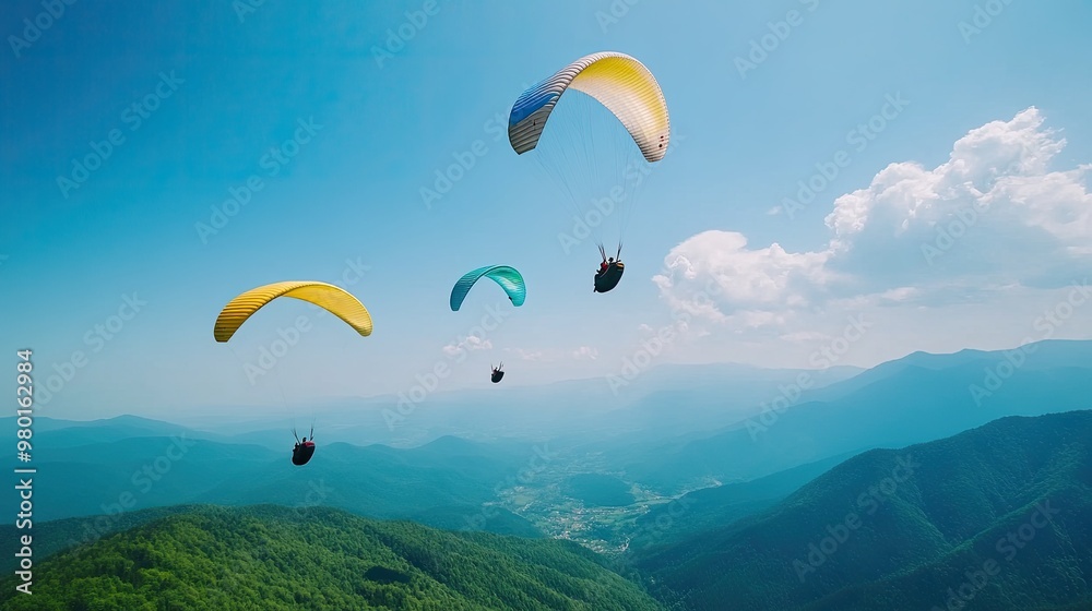 Colorful paragliders soaring above mountains under a bright blue sky, showcasing adventure and freedom in nature. Colorful paragliders soaring above mountains under a bright blue sky, showcasing adventure and freedom in nature.