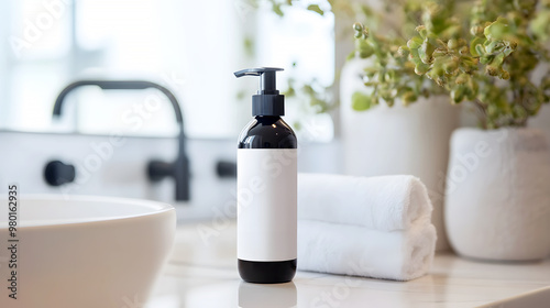 minimalist shampoo bottle labeled for oily hair, resting on a bathroom counter with sleek