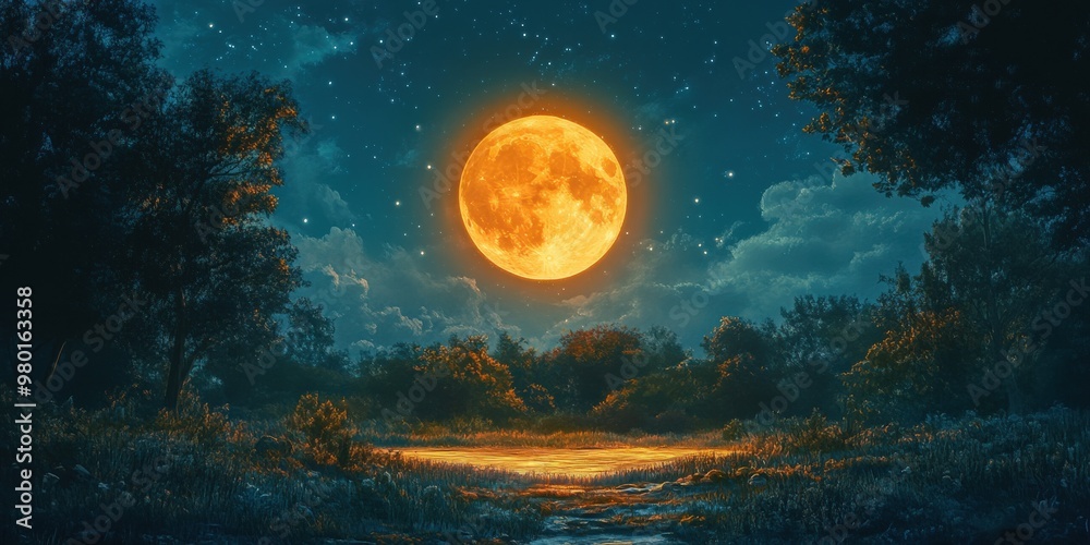 Starry Night Sky with Glowing Full Moon Center Stage Starry Night Sky with Glowing Full Moon Center Stage