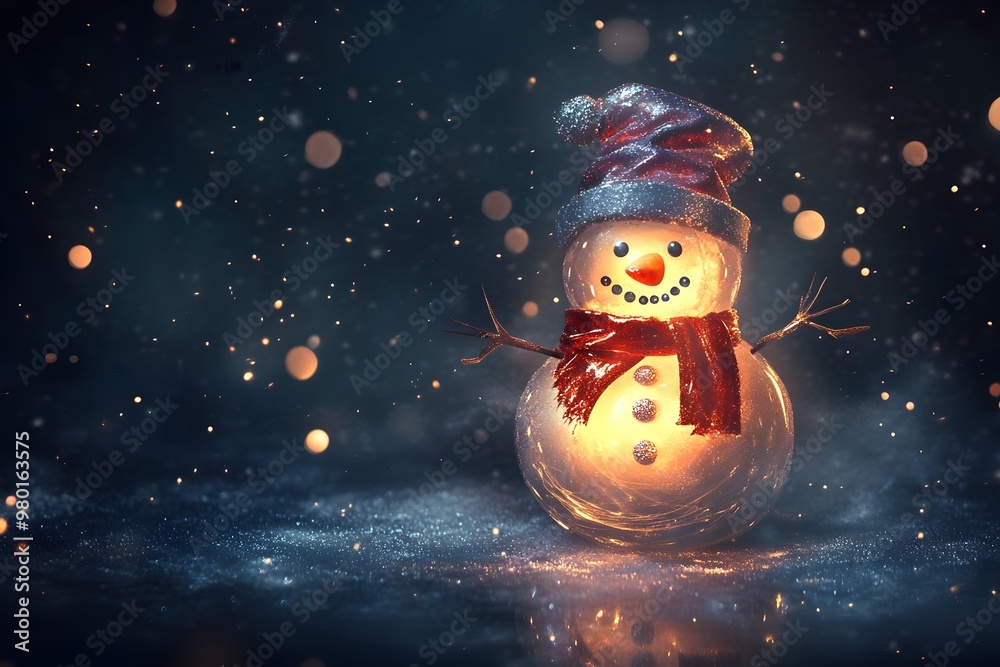 Obraz premium Cute glowing snowman standing in falling snow background for Christmas and winter design