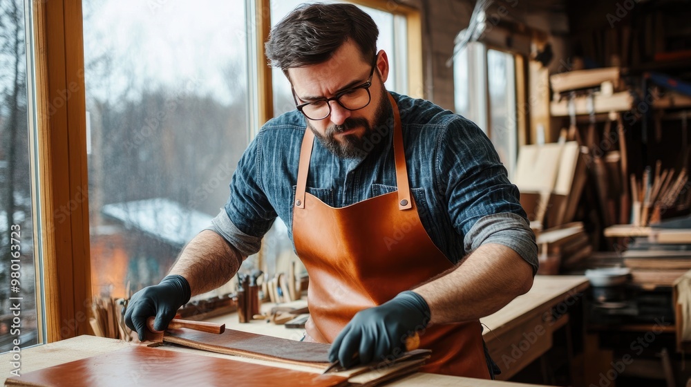 Craftsman working with leather in a well-lit workshop, showcasing skill and precision in handmade creation. Craftsman working with leather in a well-lit workshop, showcasing skill and precision in handmade creation.