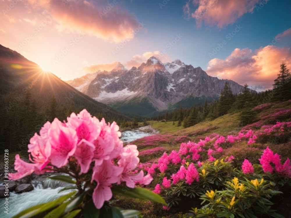 Mountain spring scenery with a flowers and the rising sun in background Mountain spring scenery with a flowers and the rising sun in background
