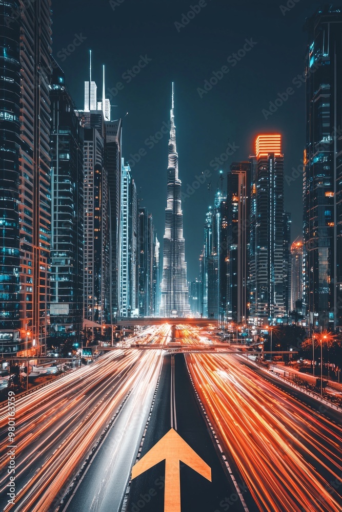 Fototapeta premium A sleek arrow pointing upwards on a vibrant city skyline, representing urban growth or ambition.