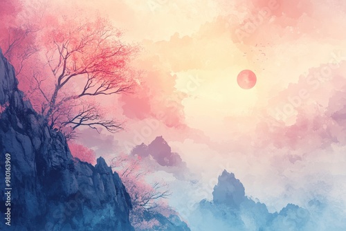 Wallpaper Mural Mountainous Landscape with a Bare Tree and a Pink Moon Torontodigital.ca