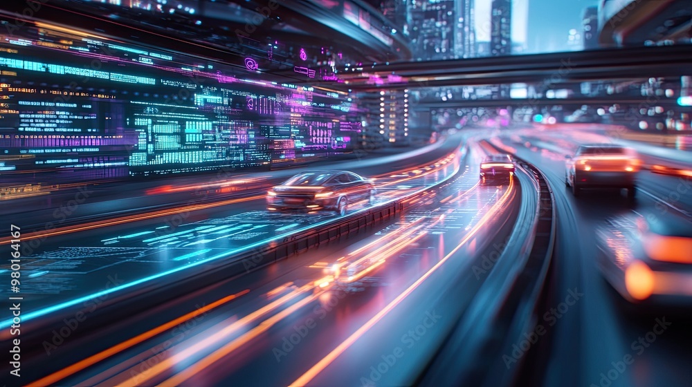 Dynamic city traffic at night with colorful lights and blurred motion, showcasing urban life and fast-paced movement. Dynamic city traffic at night with colorful lights and blurred motion, showcasing urban life and fast-paced movement.