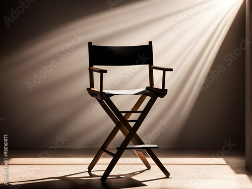 Directors chair stands in the beam of light. Space for text. Vacant chair. The concept of selection and casting. Shadow and light.