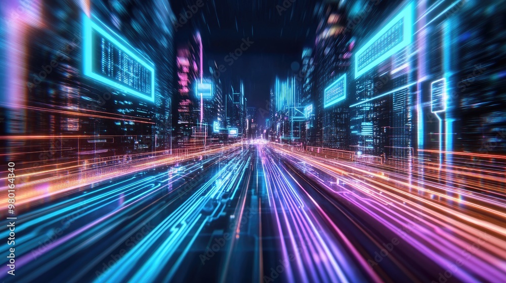 Dynamic urban landscape featuring neon lights and technology, symbolizing speed and innovation in a futuristic city. Dynamic urban landscape featuring neon lights and technology, symbolizing speed and innovation in a futuristic city.