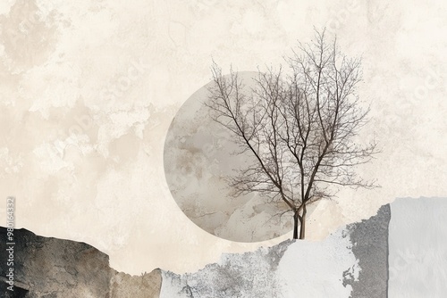 Abstract Art of a Bare Tree Against a Circular Wall