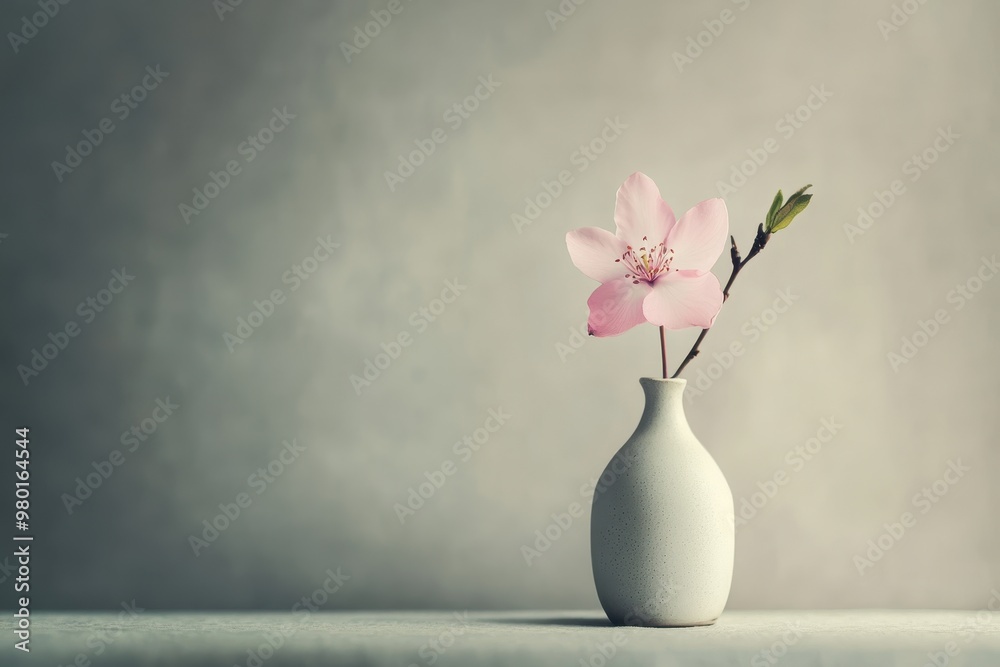 Single Pink Flower in a White Vase Against a Grey Background