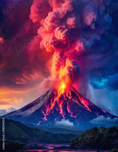 A powerful volcanic eruption captures attention with its vivid colors and dramatic lightning strikes piercing through the ash cloud. The scene is set against a backdrop of lush green mountains and a