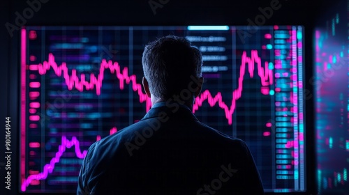 A man analyzes stock market trends, with vibrant graphs displayed on a digital screen, reflecting modern finance and technology.