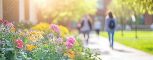 Students walking through a college campus on a sunny spring day