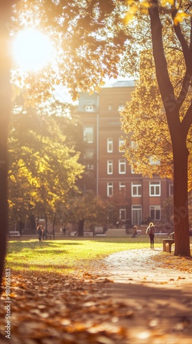 Students walking through a college campus on a sunny autumn day, defocused background photo