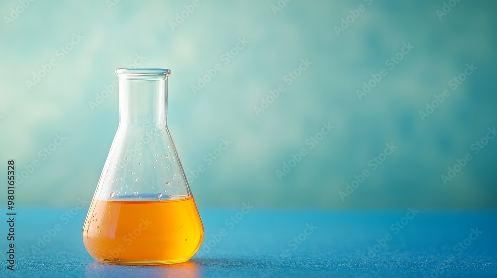 A single Erlenmeyer flask filled with a yellow liquid on a blue surface A single Erlenmeyer flask filled with a yellow liquid on a blue surface