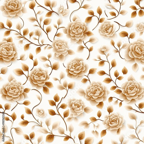 Elegant floral pattern featuring soft beige roses and delicate leaves on a light background, perfect for various design projects.