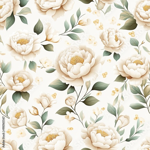 Elegant floral pattern featuring soft peonies and delicate leaves on a light background, perfect for design projects.