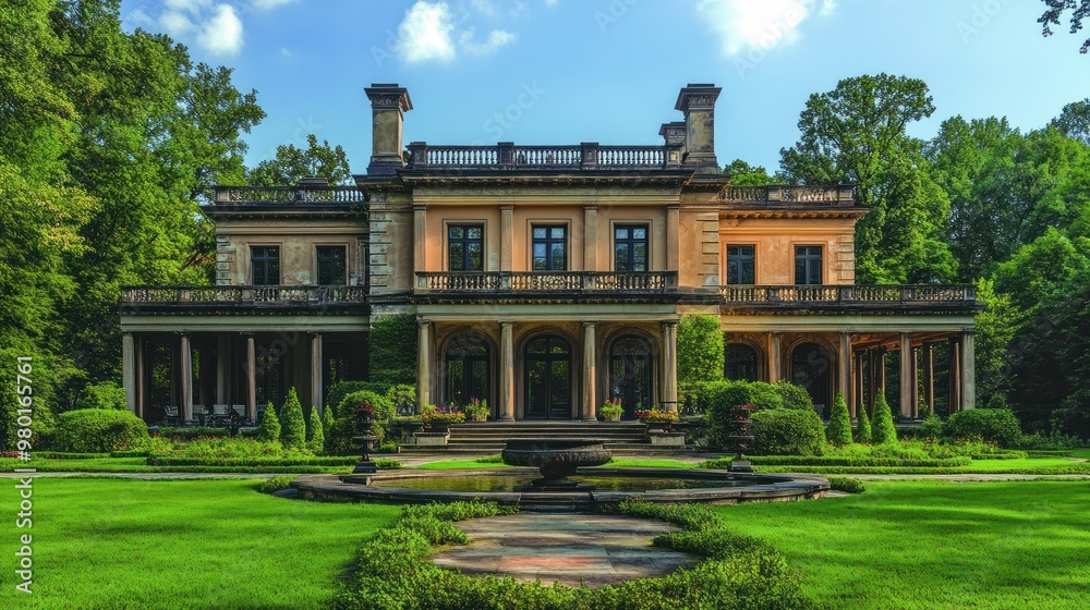 Elegant mansion surrounded by manicured gardens and greenery. Elegant mansion surrounded by manicured gardens and greenery.