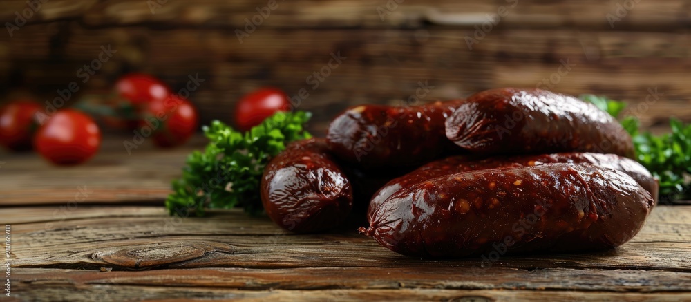 Pile Of Delicious Blood Sausages On Wooden Background Pile Of Delicious Blood Sausages On Wooden Background