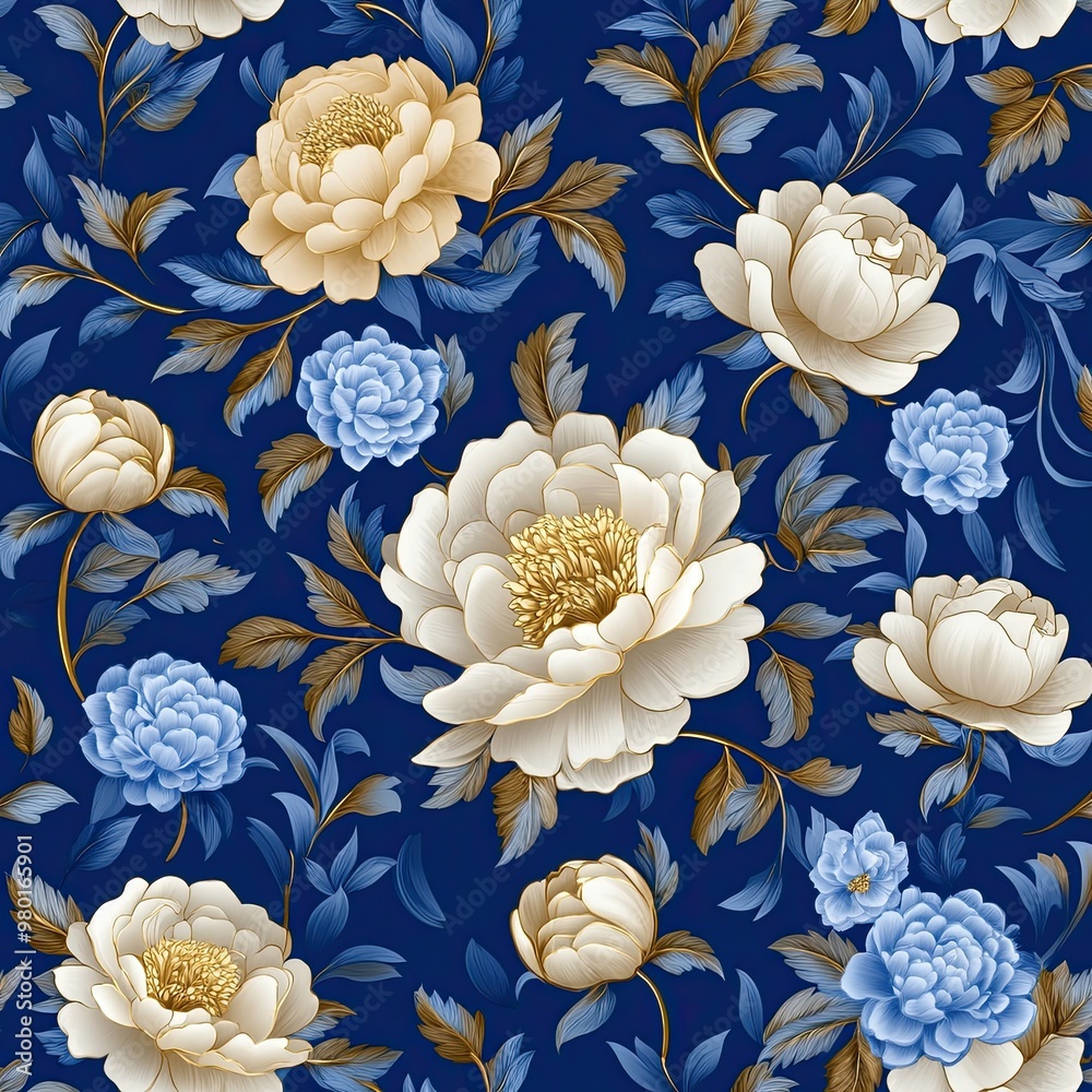 custom made wallpaper toronto digitalElegant floral pattern featuring white and blue flowers on a deep blue background, perfect for textiles and home decor.