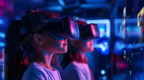 Two Young Girls Immersed in a Virtual Reality Experience