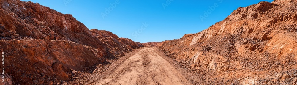 A stunning panoramic view of a desert canyon featuring red rock formations under a bright blue sky. A stunning panoramic view of a desert canyon featuring red rock formations under a bright blue sky.