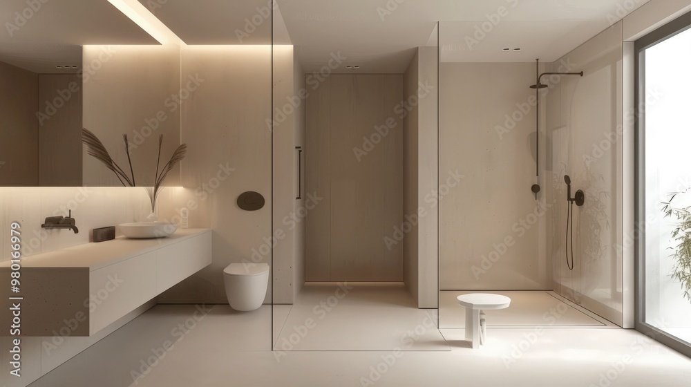 Sleek and minimalist bathroom showcasing a walk-in shower, floating vanity, and modern fixtures for a refined aesthetic. Sleek and minimalist bathroom showcasing a walk-in shower, floating vanity, and modern fixtures for a refined aesthetic.