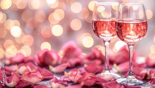 Two elegant wine glasses with sparkling pink champagne on a table covered with pink rose petals against a blurry background of pink lights photo