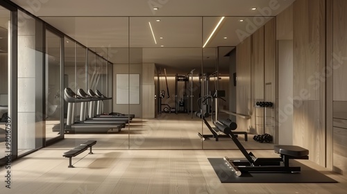 Modern home gym featuring sleek equipment, mirrored walls, and a rubberized floor for an ideal workout space.