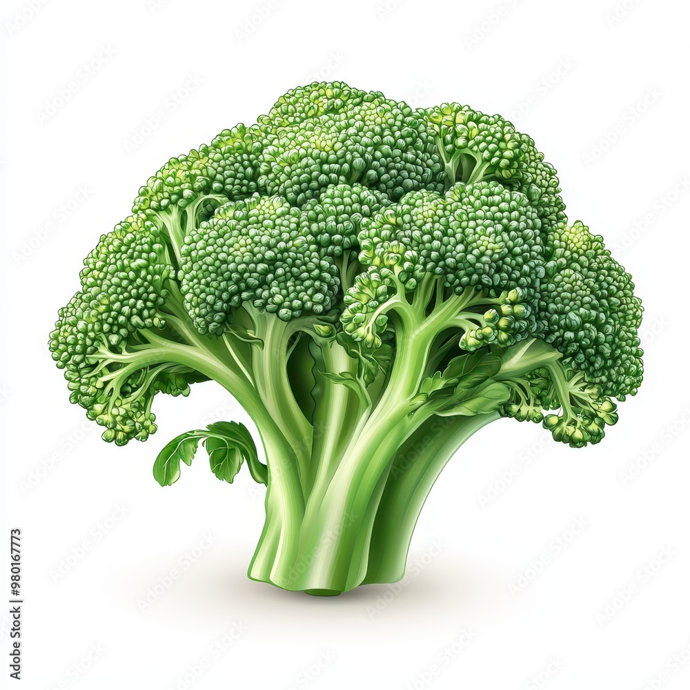 A whole head of fresh broccoli with green florets and stalks, displayed on a white background, showcasing its crisp and nutritious texture. A whole head of fresh broccoli with green florets and stalks, displayed on a white background, showcasing its crisp and nutritious texture.