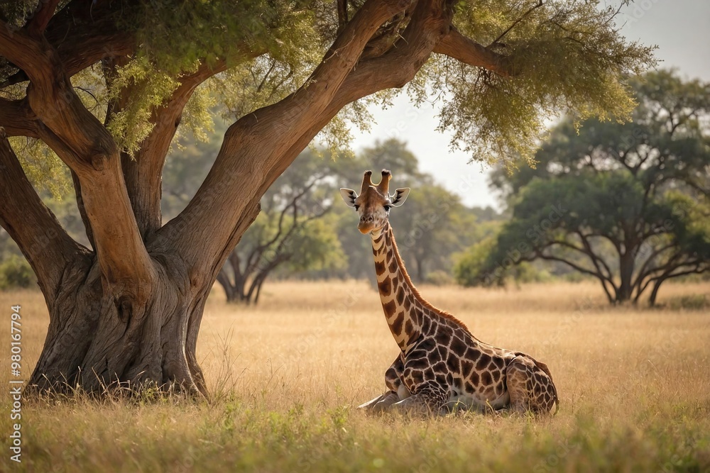 Obraz premium Giraffe Resting in the Shade of a Tree in a Grassy Clearing