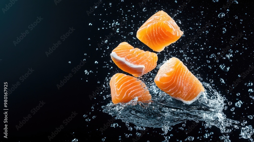 Fresh salmon fillets splashing in water, showcasing vibrant color and texture, ideal for culinary and food-related projects. Fresh salmon fillets splashing in water, showcasing vibrant color and texture, ideal for culinary and food-related projects.