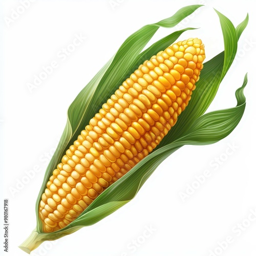 An ear of corn with golden yellow kernels and green leaves, isolated on a white background, illustrating its freshness and agricultural value.