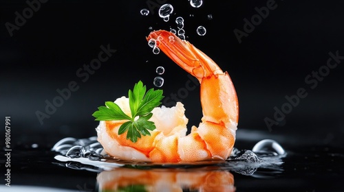 Fresh shrimp with bubbles and parsley on a dark background, perfect for culinary and food presentation themes. photo