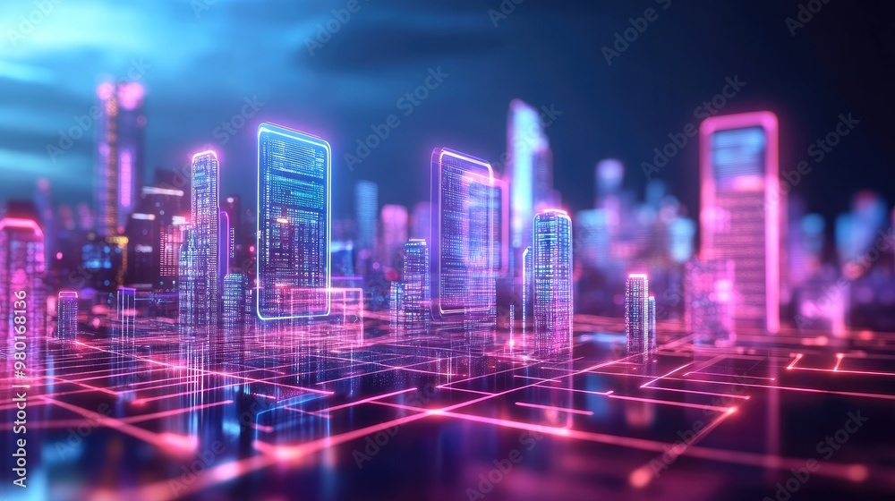 Fototapeta premium Futuristic cityscape with glowing neon lights and digital architecture showcasing modern urban design and technology.