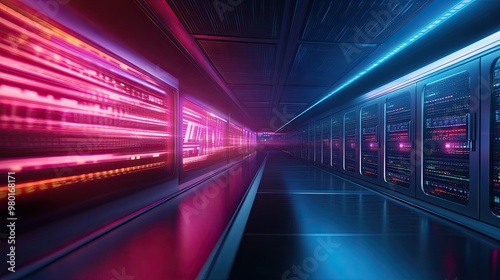 Futuristic corridor with neon lights, showcasing a dynamic atmosphere perfect for technology and sci-fi themes.