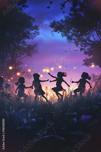 A group of children running with outstretched hands, trying to catch fireflies glowing softly in the darkening meadow photo