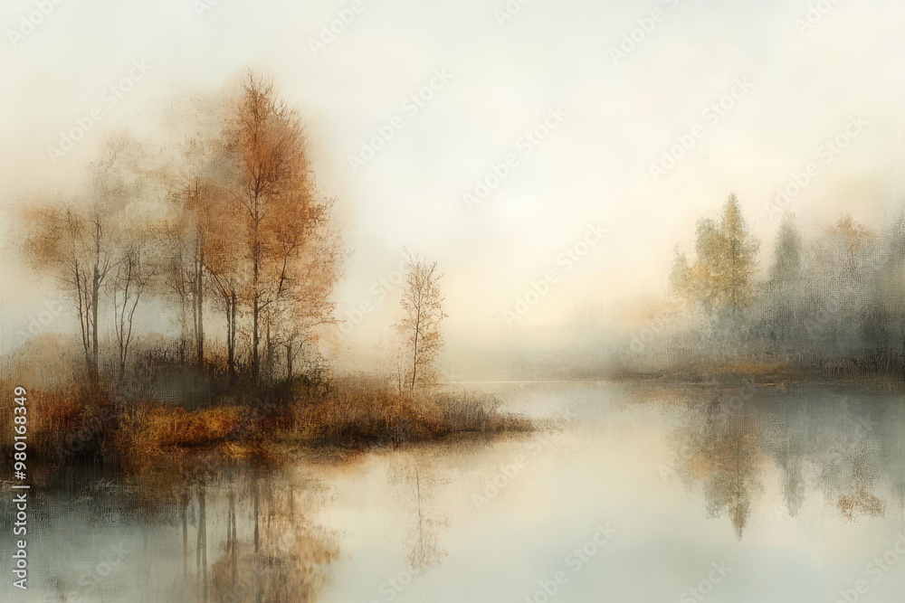 A Misty Autumn Scene with Trees Reflecting in a Still Lake