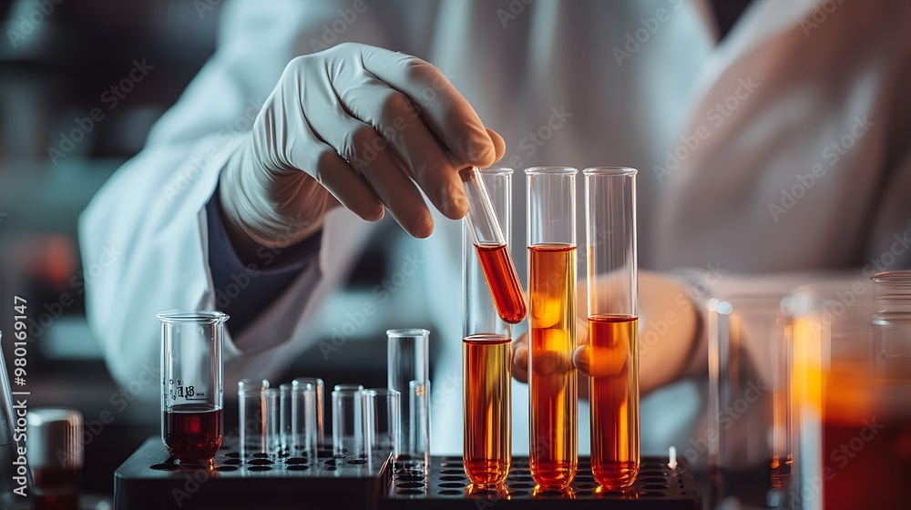 Scientist in a Lab Coat Holding a Test Tube With Liquid Above Other Test Tubes Scientist in a Lab Coat Holding a Test Tube With Liquid Above Other Test Tubes