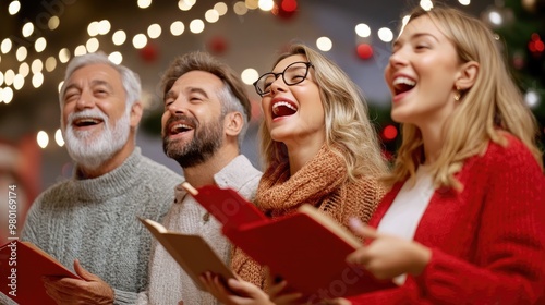 Joyful moment of a diverse group singing carols together, celebrating the festive spirit surrounded by holiday lights.