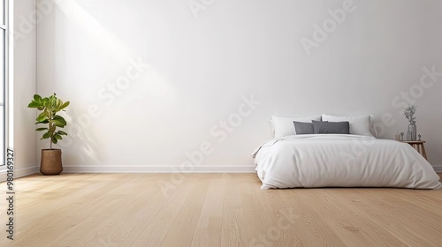 Modern bedroom with a minimalist design, featuring a cozy bed, soft linens, and a touch of greenery for a refreshing ambiance.