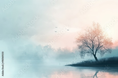 Silhouetted Tree by a Misty Lake at Dawn