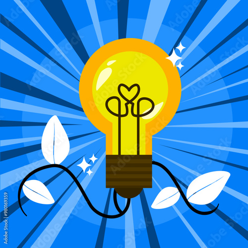 A glowing yellow light bulb in a blue background with radiating lines. Vector illustration. Suitable for Energy and business innovation content