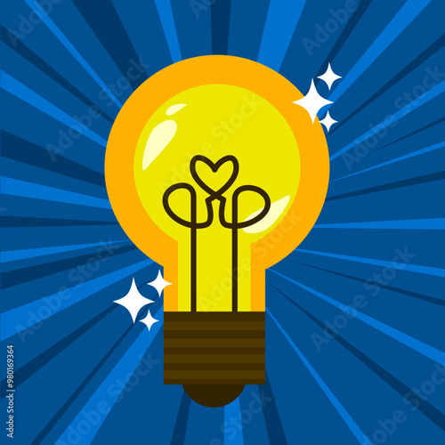 A glowing yellow light bulb in a blue background with radiating lines. Vector illustration. Suitable for Energy and business innovation content