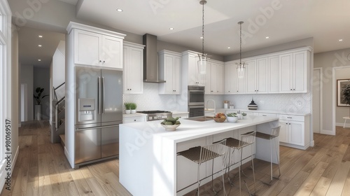 Bright and stylish modern kitchen with white cabinetry, stainless steel appliances, and a large island in the middle.