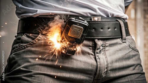 A man's belt is on fire pager explodes photo