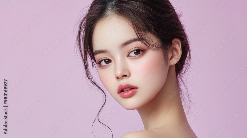 Stunning portrait of a young woman with a soft, natural makeup look against a pastel pink background, showcasing elegance and beauty.