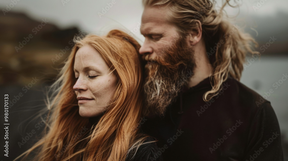 A tranquil couple, she with wavy light orange hair in black, he with a dark beard, both dressed in black, share a thoughtful gaze. Their expressions and visible brushwork create a peaceful scene. A tranquil couple, she with wavy light orange hair in black, he with a dark beard, both dressed in black, share a thoughtful gaze. Their expressions and visible brushwork create a peaceful scene.